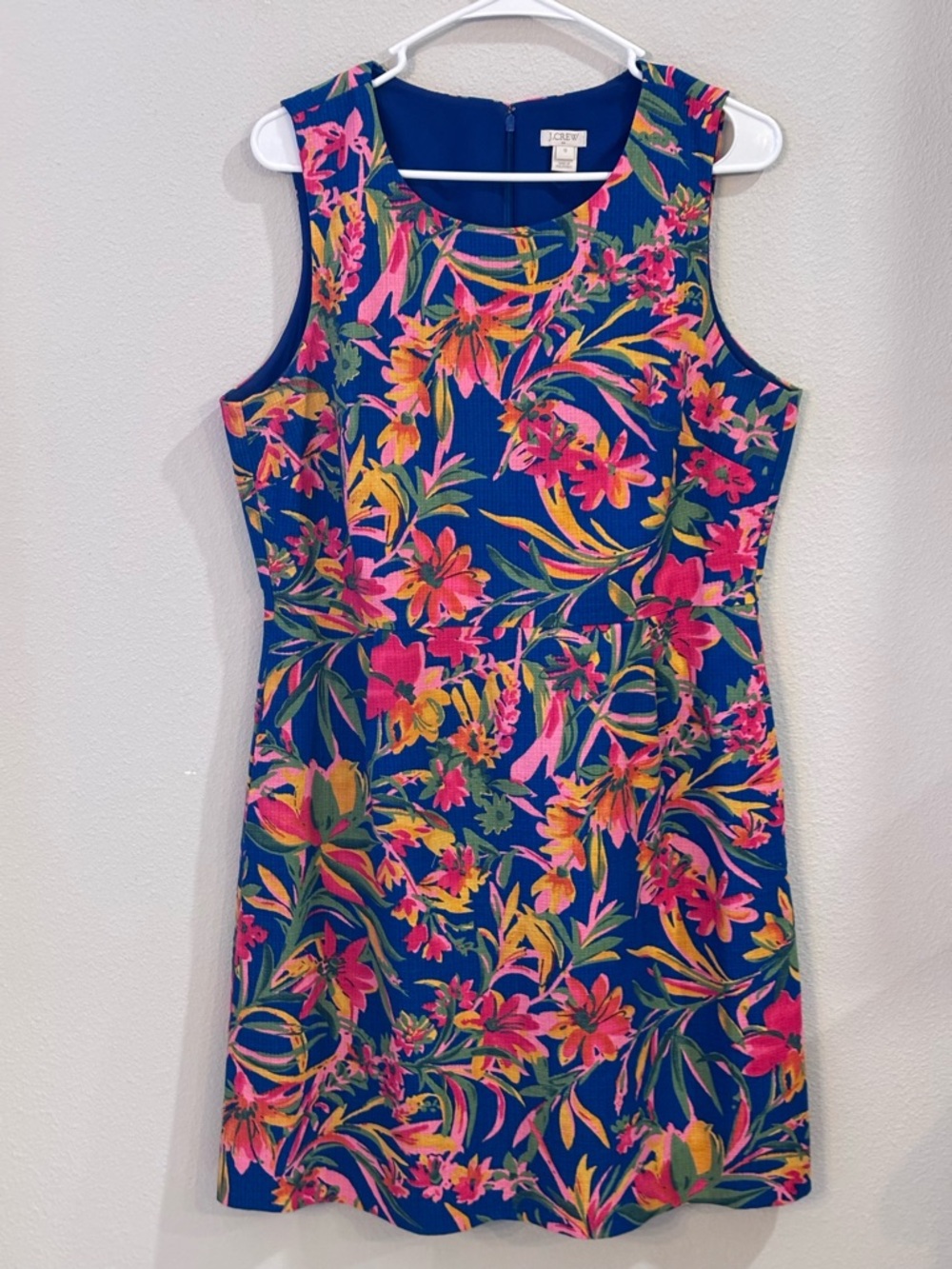 J. Crew Floral pleated Shift Dress Blue with Pink & Yellow Bloom.Women’s Size 12